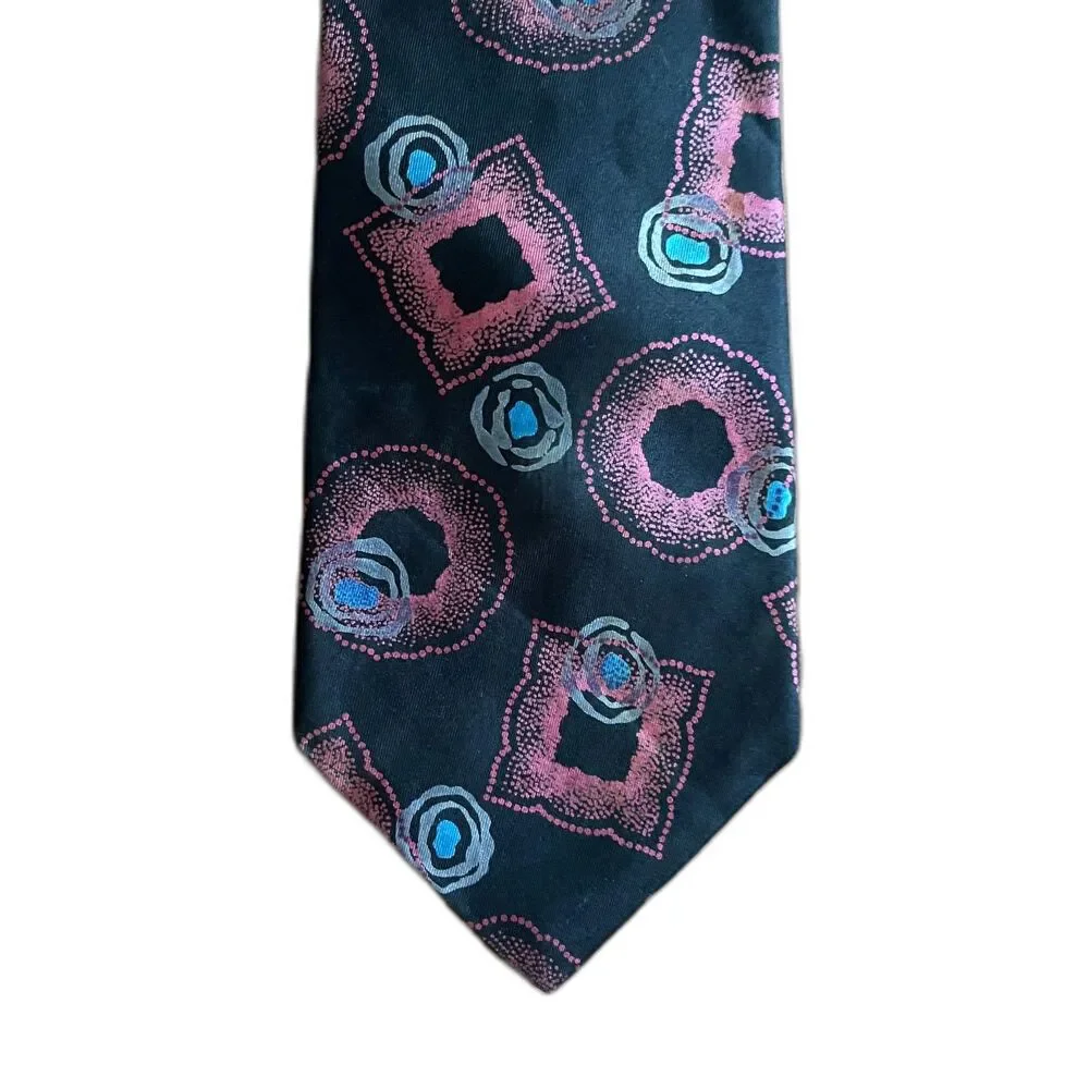 Vintage Pierre BALMAIN Paris Black Pink 100% Silk Pattern Neck Tie